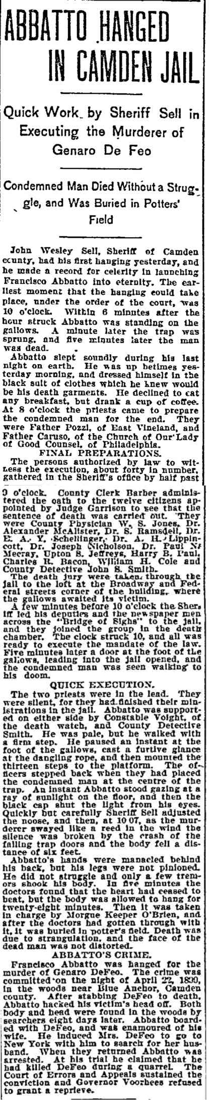 Philadelphia Inquirer, May 11, 1900: "Abbatto Hanged in Camden Jail", on Sheriff Sell's first hanging.