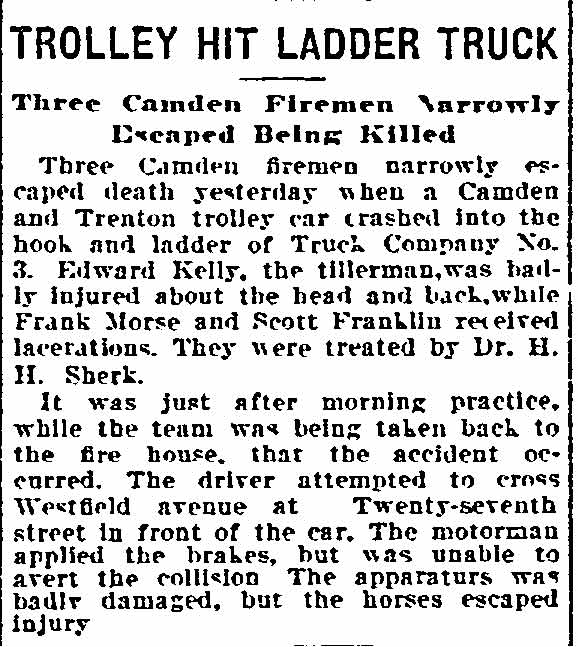 Trolley Hit Ladder Truck - Philadelphia Inquirer, June 29, 1909