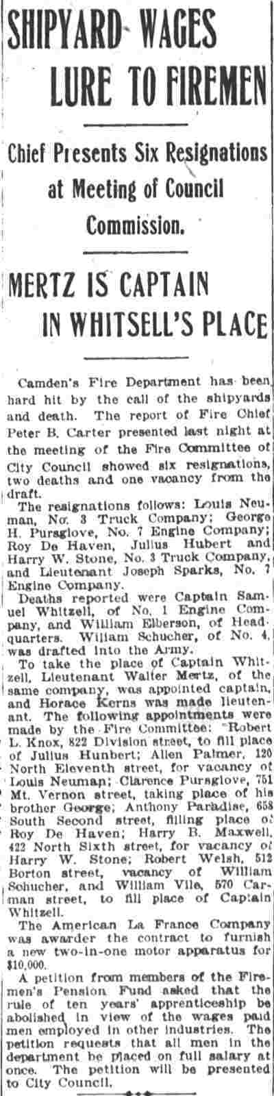 Shipyard Wages Lure to Firemen, Camden Post-Telegram clipping, March 22, 1918