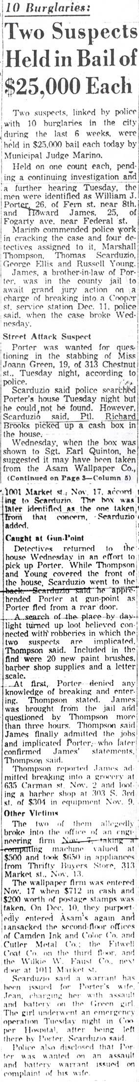 Courier-Post article, 'Two Suspects Held in Bail of $25,000 Each', Camden, December 19, 1957