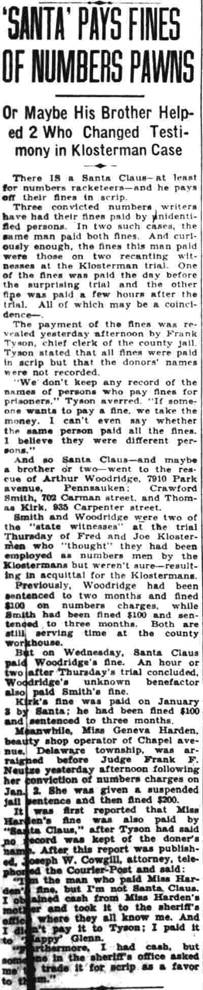 Courier-Post clipping, 'Santa' Pays Fines of Numbers Pawns, about fines paid for numbers writers, January 19, 1935