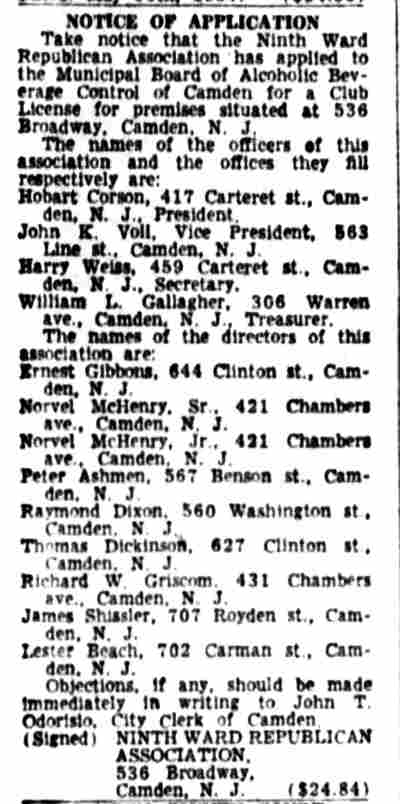 Notice of Application from the Ninth Ward Republican Association, Camden Courier-Post, June 10, 1957