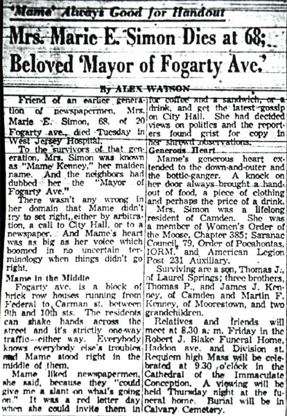 Camden Courier-Post obituary of Mrs. Marie E. Simon, the Mayor of Fogarty Ave., February 25, 1959