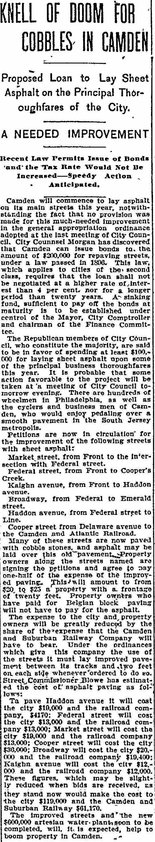 Philadelphia Inquirer clipping, July 14, 1897: Knell of Doom for Cobbles in Camden, on asphalt paving.