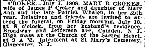 Death notice for Mary R. Croker, Philadelphia Inquirer, July 10, 1908
