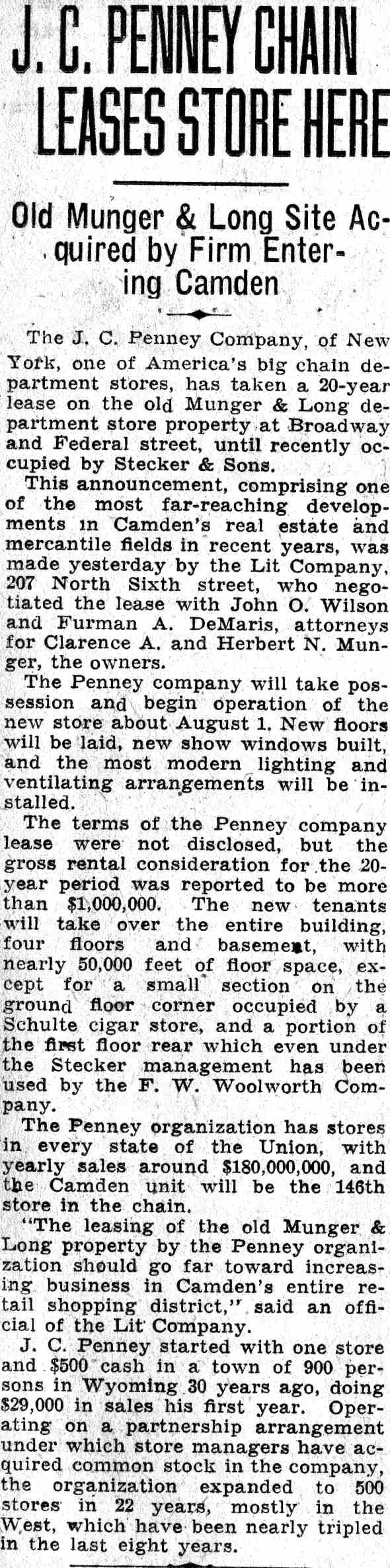 Camden Courier-Post clipping, June 15, 1932: J. C. Penney Chain Leases Store Here