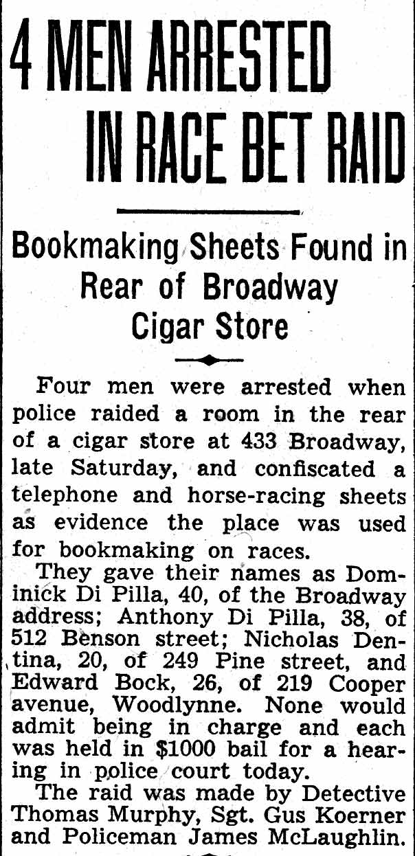 Newspaper clipping: 4 Men Arrested in Race Bet Raid