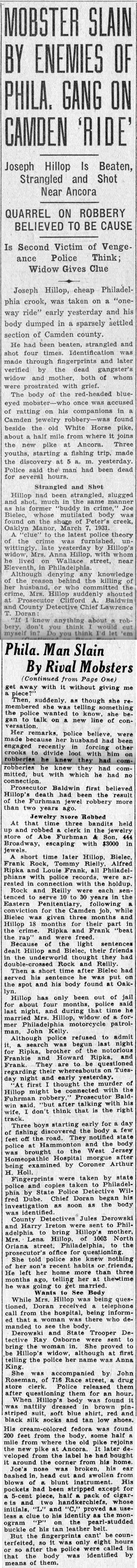 Front-page Camden Courier-Post story of June 9, 1932 on the killing of Philadelphia mobster Joseph Hillop near Ancora