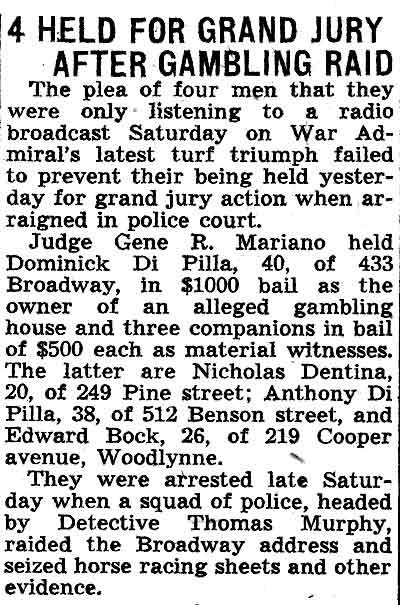 Newspaper clipping: 4 Held for Grand Jury After Gambling Raid, Camden Courier-Post, February 22, 1938