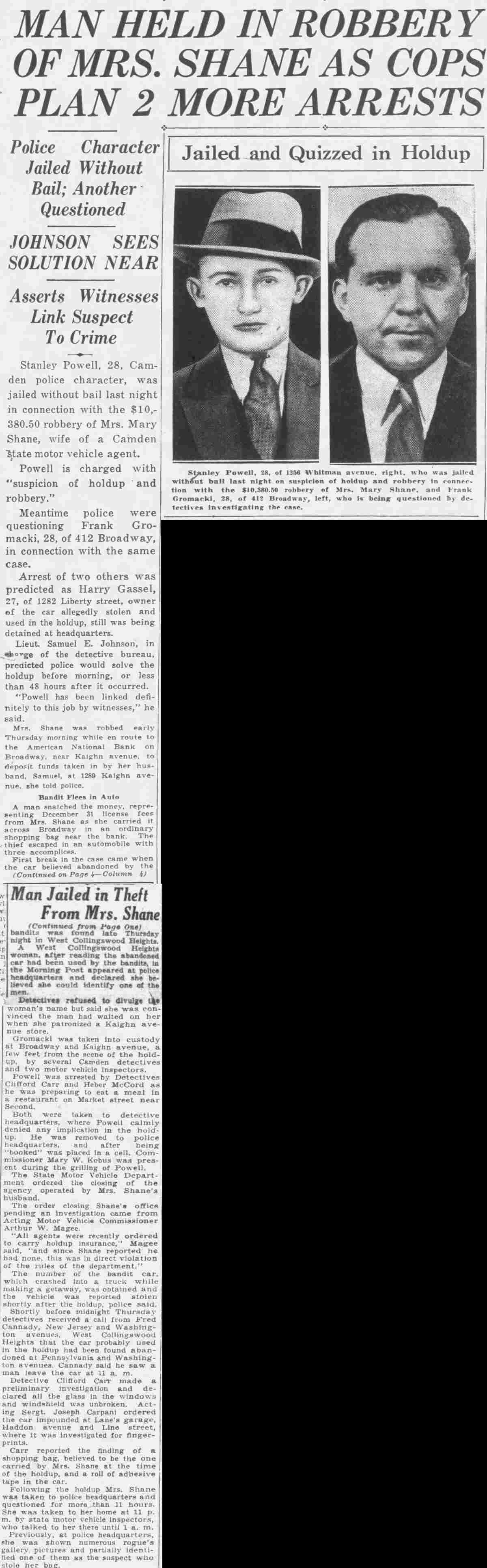 Courier-Post front page and jump, January 4, 1936: Man Held in Robbery of Mrs. Shane, with portraits of Stanley Powell and Frank Gromacki