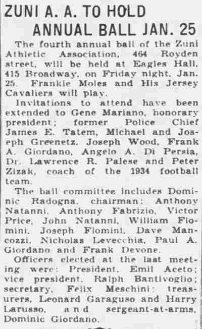 Newspaper clipping: Zuni A. A. to Hold Annual Ball Jan. 25, Camden Courier-Post, January 16, 1935