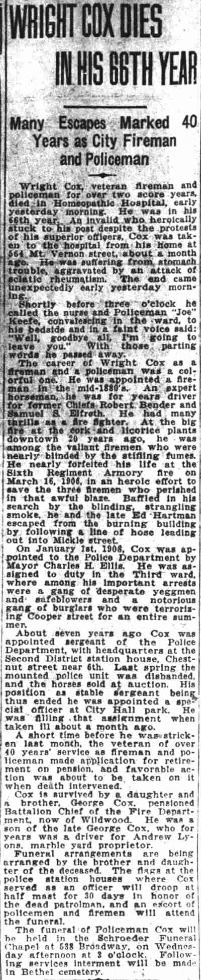 Newspaper clipping: Wright Cox Dies in His 66th Year, Camden Courier-Post, November 15, 1926