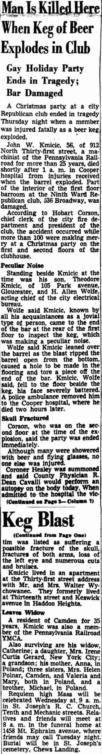 Courier-Post front-page article, Man Is Killed Here When Keg of Beer Explodes in Club