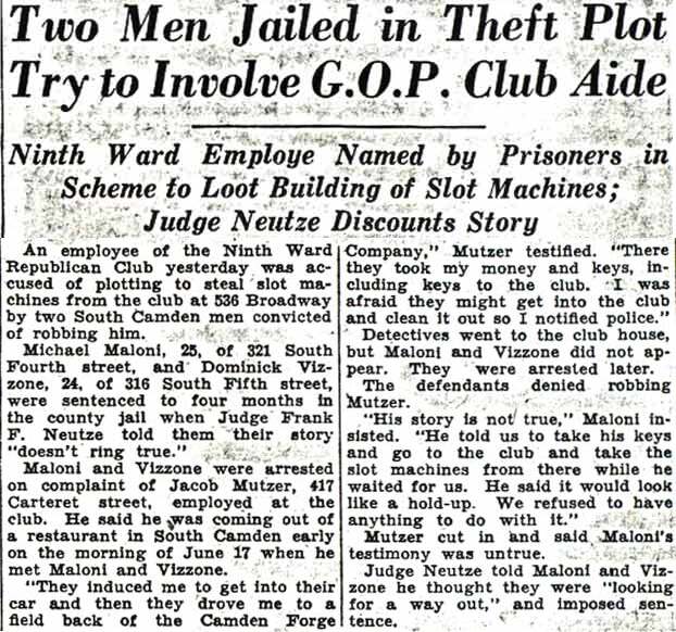 Courier-Post clipping, August 19, 1936: Two Men Jailed in Theft Plot Try to Involve G.O.P. Club Aide