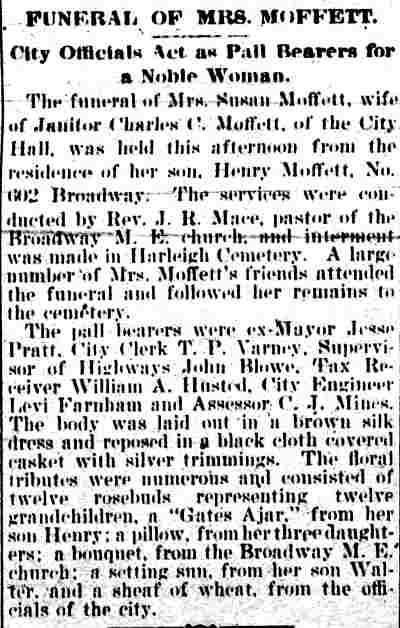Newspaper clipping: Funeral of Mrs. Moffett, Camden Daily Telegram, September 2, 1896