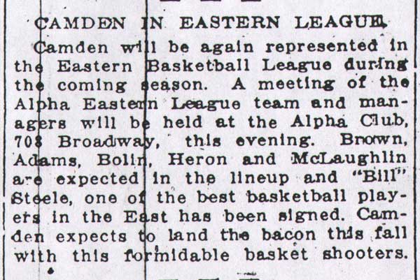 Newspaper clipping: Camden in Eastern League, Camden Courier, July 28, 1913