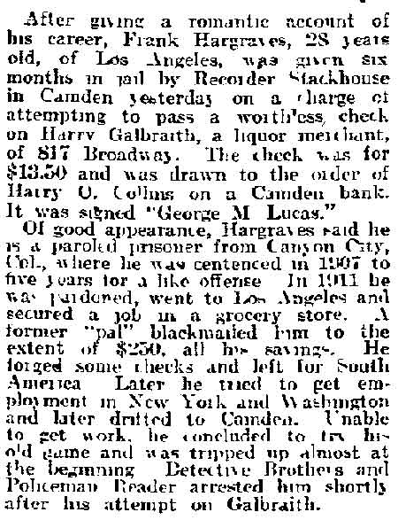 Philadelphia Inquirer clipping, February 12, 1915: Worthless Check Writer Jailed