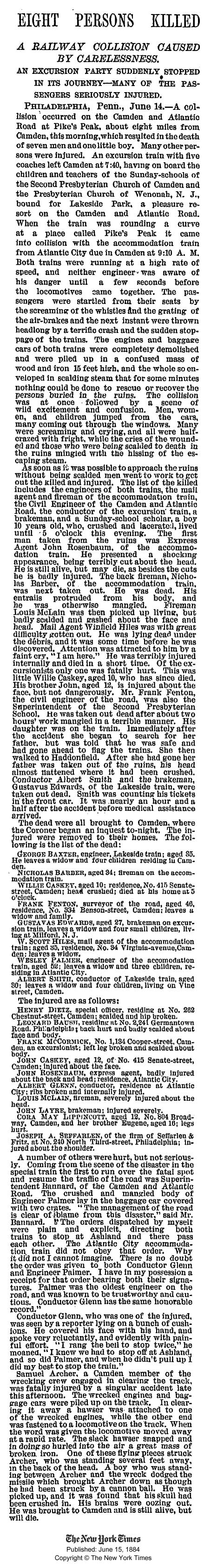 Newspaper clipping: Eight Persons Killed, a railway collision on the Camden and Atlantic Road at Pike's Peak, The New York Times, June 15, 1884