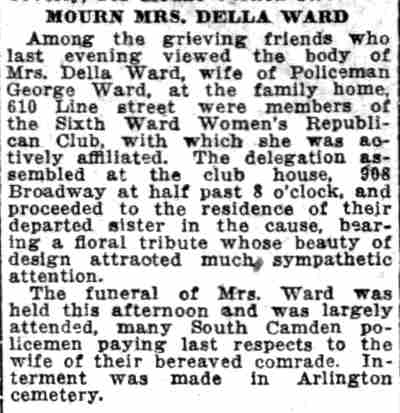 Camden Daily Courier clipping headlined Mourn Mrs. Della Ward, October 25, 1921