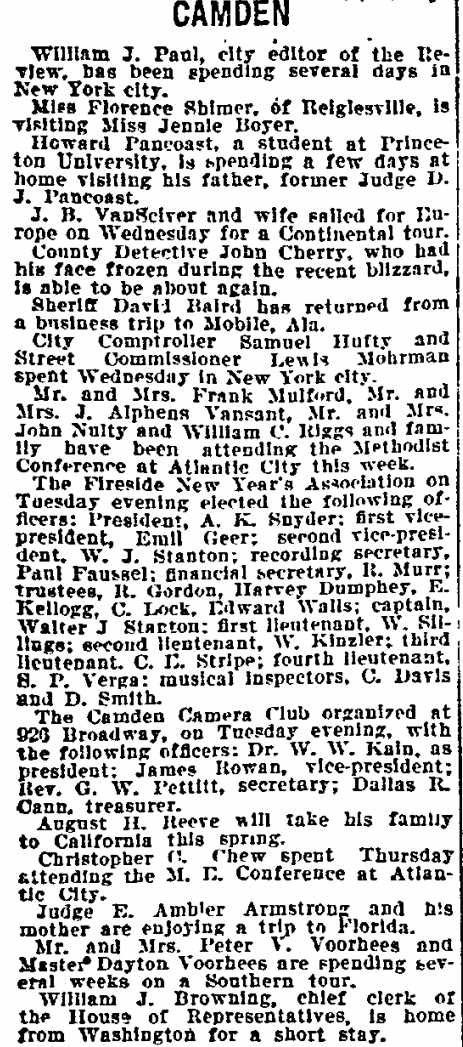 Camden local news column from the Philadelphia Inquirer, March 12, 1899, of social notes and club news