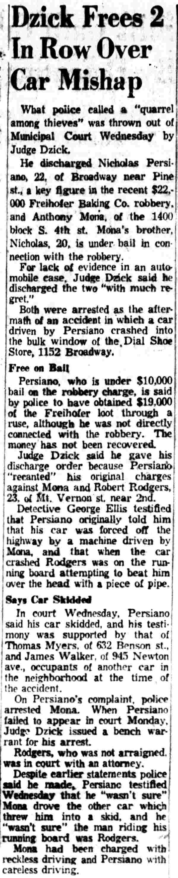 Newspaper clipping: Dzick Frees 2 In Row Over Car Mishap, Camden Courier-Post, February 4, 1956