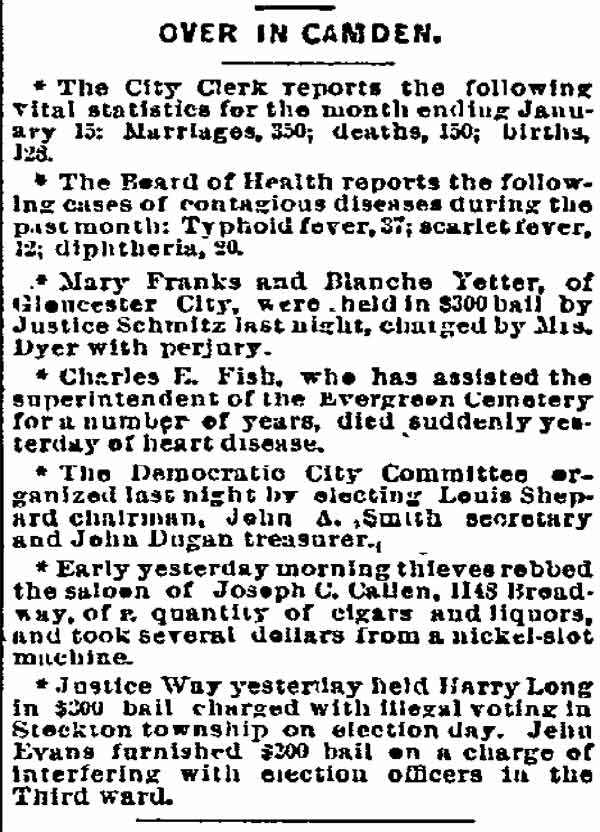 Philadelphia Inquirer column Over in Camden, January 16, 1894, with seven short local news items