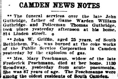 Philadelphia Inquirer column "Camden News Notes," November 18, 1903