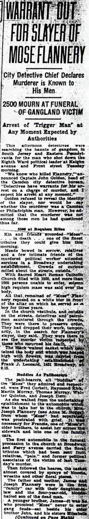Newspaper clipping: Warrant Out for Slayer of Mose Flannery, Camden Evening Courier, September 22, 1928