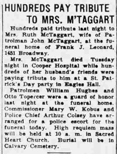 Newspaper clipping: Hundreds Pay Tribute to Mrs. M'Taggart