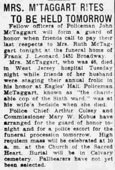 Camden Courier-Post headline Mrs. M'Taggart Rites to Be Held Tomorrow, March 19, 1937