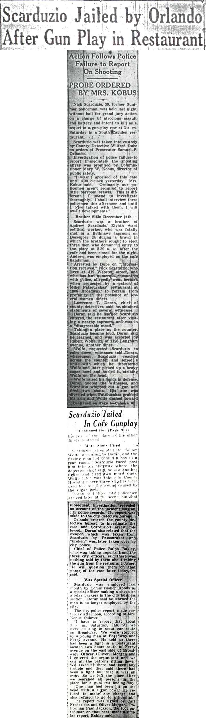 Camden Courier-Post article, Scarduzio Jailed by Orlando After Gun Play in Restaurant
