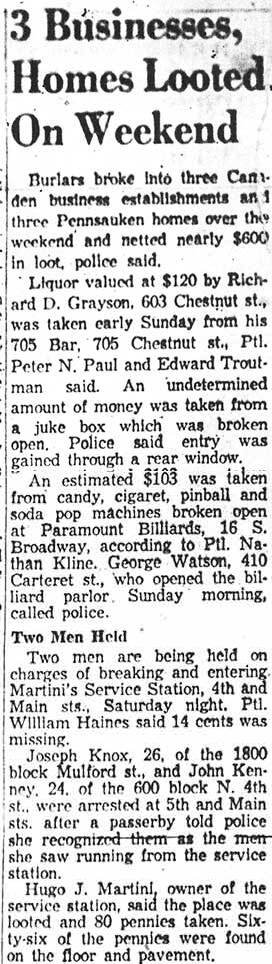 Newspaper clipping: 3 Businesses, Homes Looted On Weekend, Camden Courier-Post, December 14, 1957