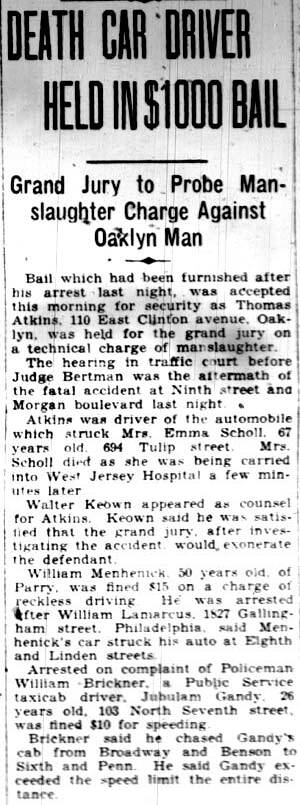 Camden Morning Post headline: Death Car Driver Held in $1000 Bail, January 3, 1928