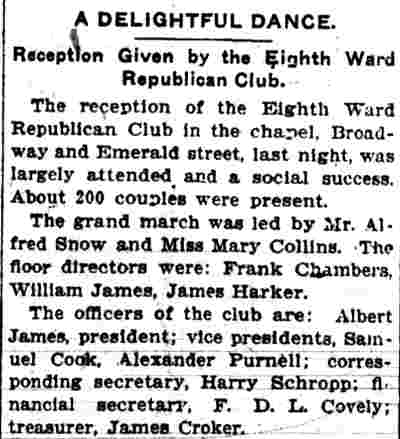Newspaper clipping, A Delightful Dance: Eighth Ward Republican Club reception, Camden Post-Telegram, April 21, 1904