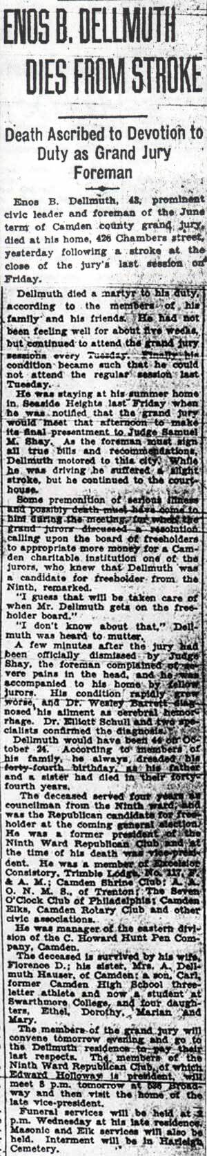 Courier-Post obituary headline: Enos B. Dellmuth dies from stroke, Camden grand jury foreman, September 10, 1928