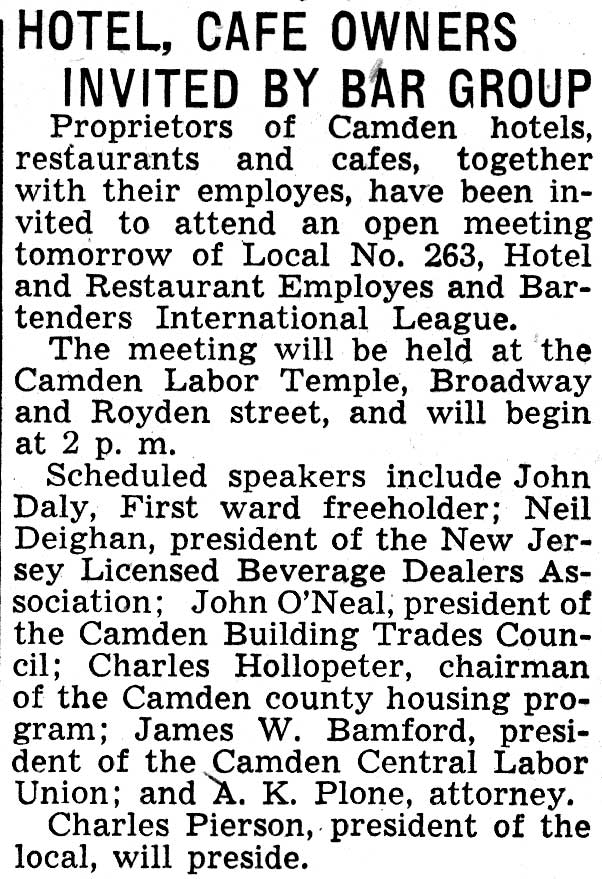 Courier-Post clipping: Hotel, Cafe Owners Invited by Bar Group