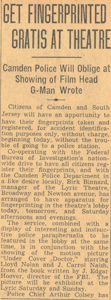 Courier-Post article headlined Get Fingerprinted Gratis at Theatre, June 29, 1939