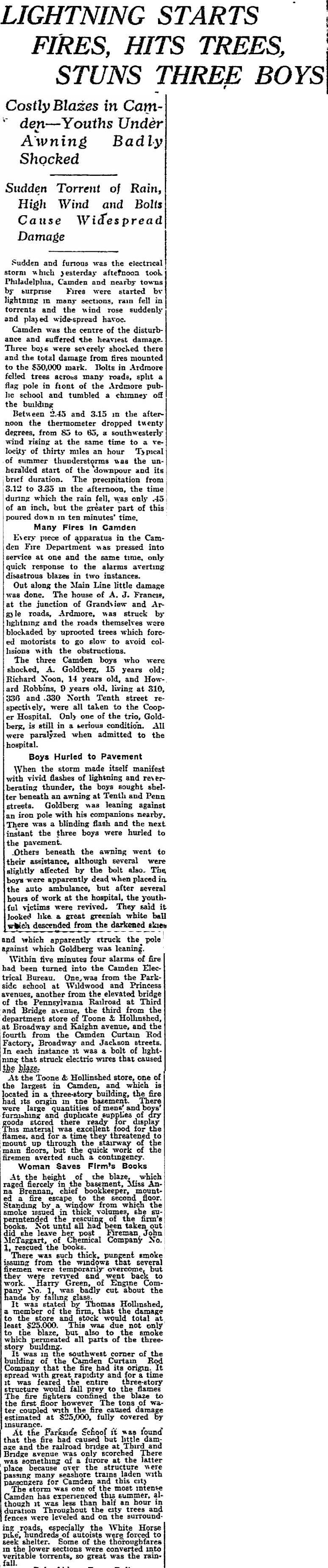Philadelphia Inquirer clipping, August 19, 1915: Lightning Starts Fires, Hits Trees, Stuns Three Boys