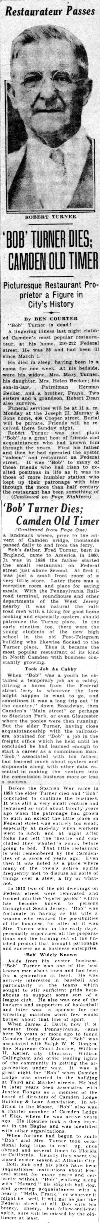 Courier-Post obituary of Camden restaurateur Robert Turner, with his portrait, June 3, 1932