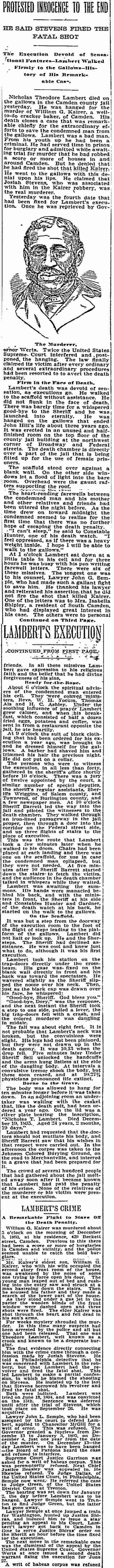 Philadelphia Inquirer report on the hanging of Theodore Lambert at the Camden County jail, with a drawn portrait, December 20, 1895