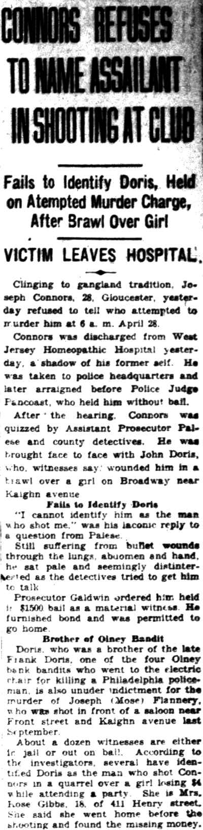 Courier-Post headline: Connors Refuses to Name Assailant in Shooting at Club, May 16, 1929