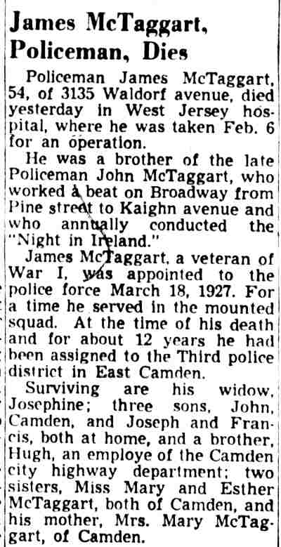 Obituary headlined James McTaggart, Policeman, Dies, Camden Courier-Post, February 9, 1949