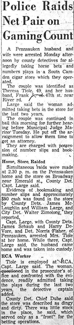 Courier-Post clipping, Police Raids Net Pair on Gaming Count, December 3, 1957
