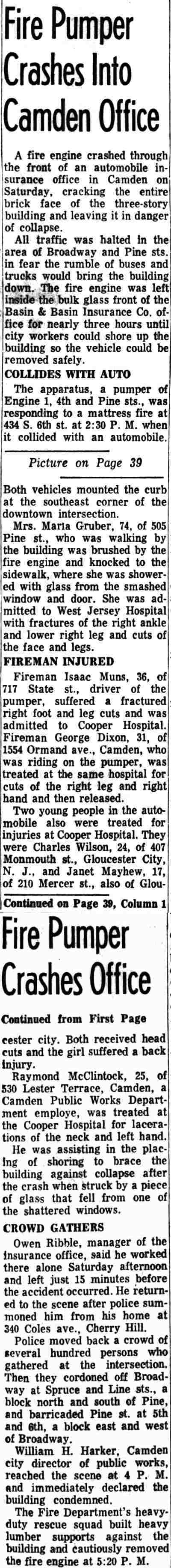 Philadelphia Inquirer, January 6, 1964: Fire Pumper Crashes Into Camden Office, a front-page article continued on page 39