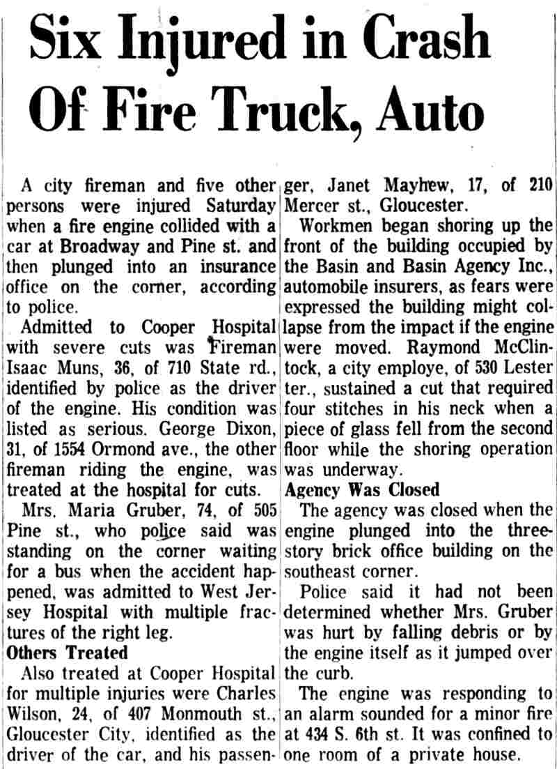 Camden Courier-Post clipping, January 6, 1964: Six Injured in Crash Of Fire Truck, Auto