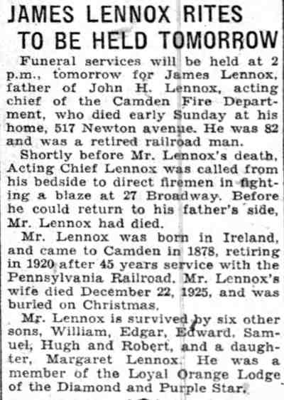 Courier-Post clipping, James Lennox Rites to Be Held Tomorrow, December 27, 1932