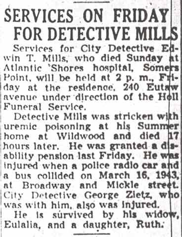 Services on Friday for Detective Mills - Camden Courier-Post, June 14, 1944