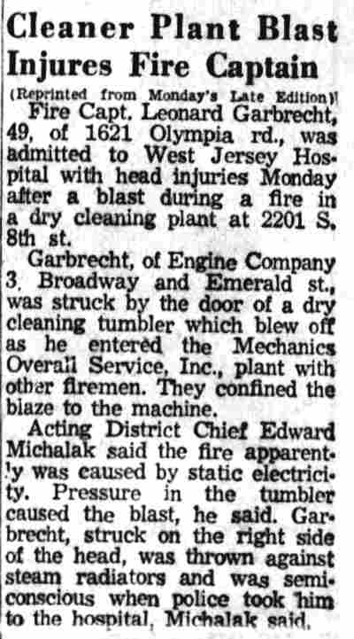 Newspaper clipping: Cleaner Plant Blast Injures Fire Captain, Camden Courier-Post, December 23, 1958