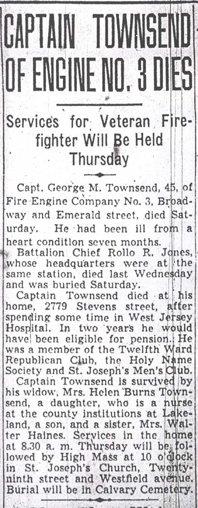 Newspaper clipping, "Captain Townsend of Engine No. 3 Dies," Camden Courier-Post, April 8, 1940