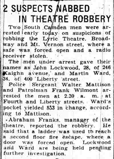 Newspaper clipping headlined "2 Suspects Nabbed in Theatre Robbery" from the Camden Courier-Post, April 2, 1934